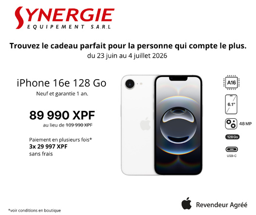 L'iPhone 16e est toujours à 89 990 XPF : profitez de la prolongation de notre offre !