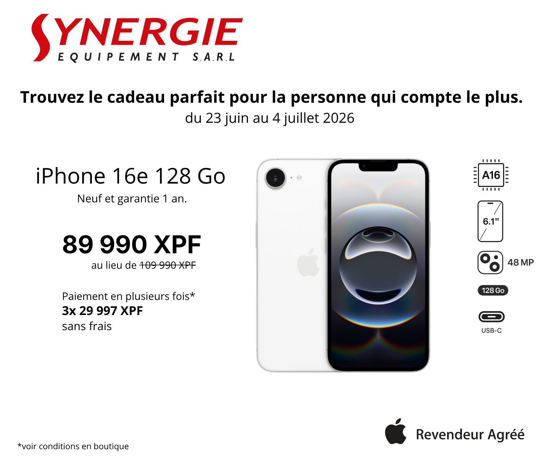 L'iPhone 16e est toujours à 89 990 XPF : profitez de la prolongation de notre offre !